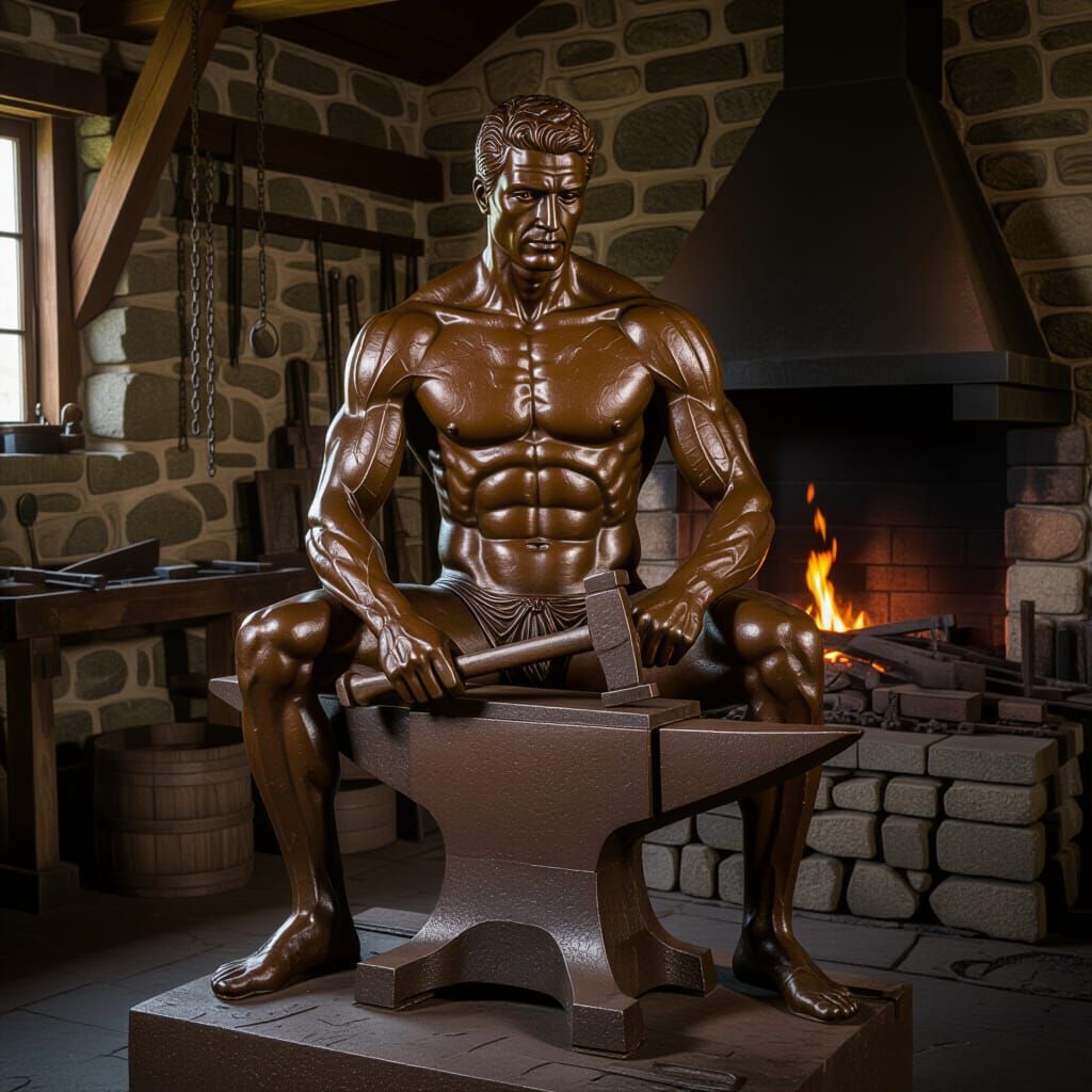 Muscular Nude Man Sculpture on Anvil in Forge