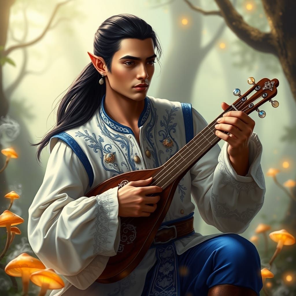 Hispanic Elf Bard in Mystical Forest