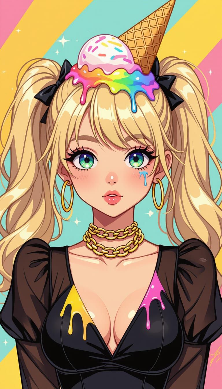 Playful Girl with Ice Cream Cone, Pop Surrealism Style
