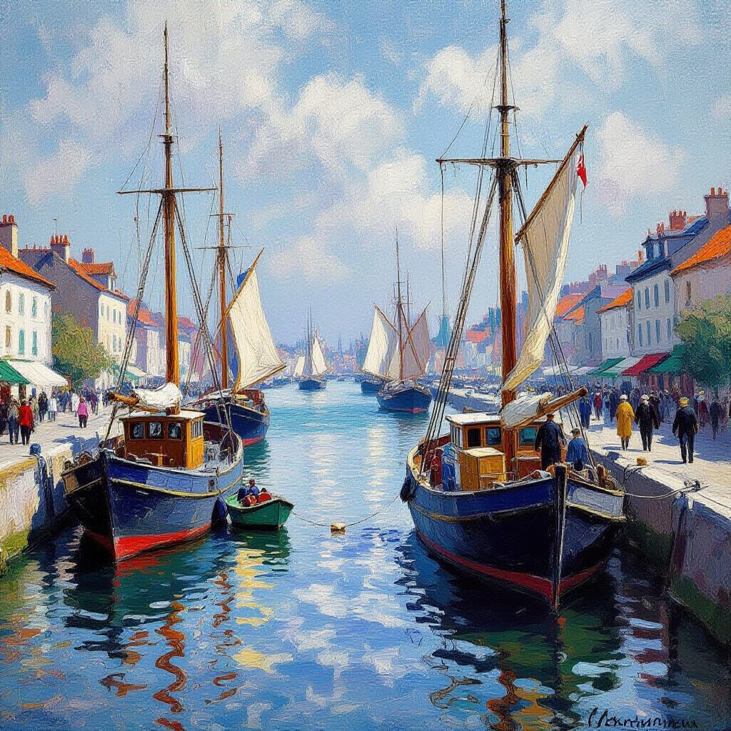 Impressionistic Harbor Scene with Unloading Ships