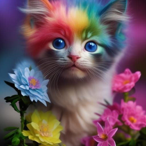 Rainbow Kitten in Flowers: Digital Matte Painting