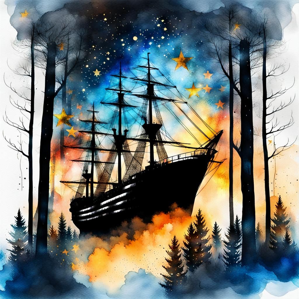 Dramatic Night Ship Forest Fire in Watercolour