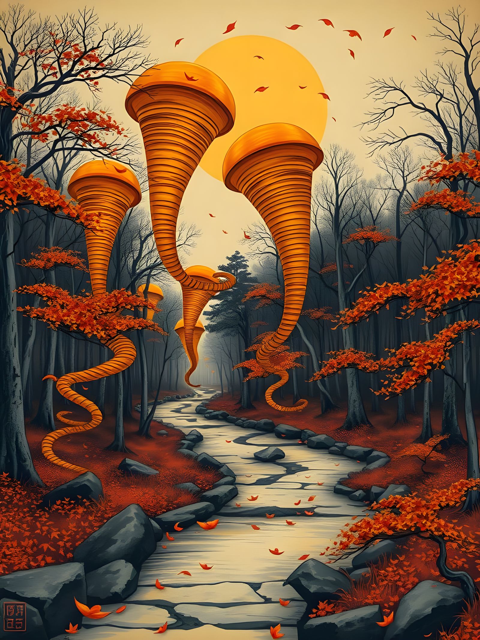 Autumn Leaves Swirling Down Path on Japanese Scroll