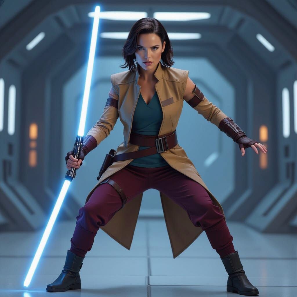Rey with Lightsaber in Futuristic Sci-Fi Style