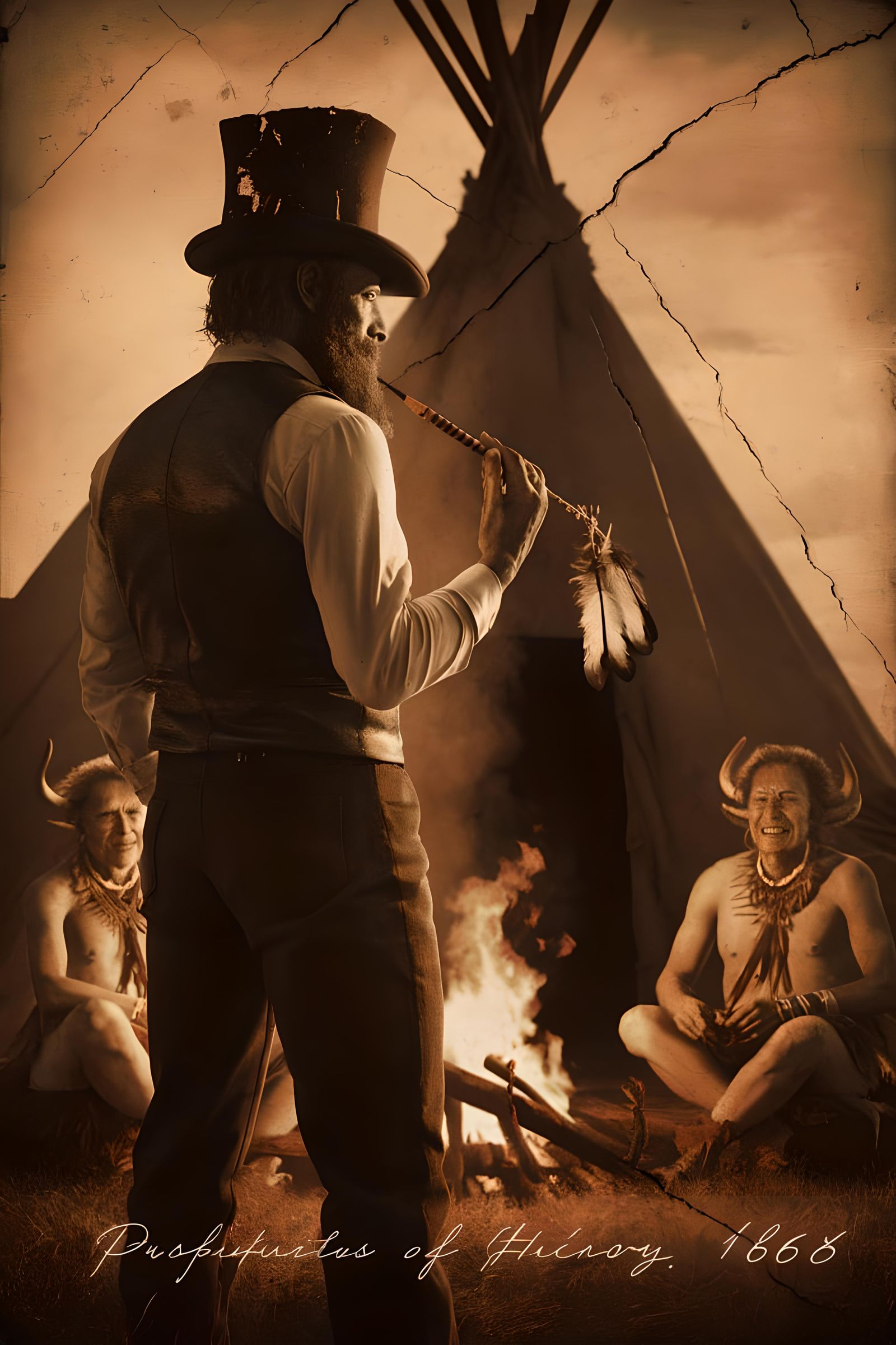 Sepia Lithograph of Bearded Man with Peace Pipe