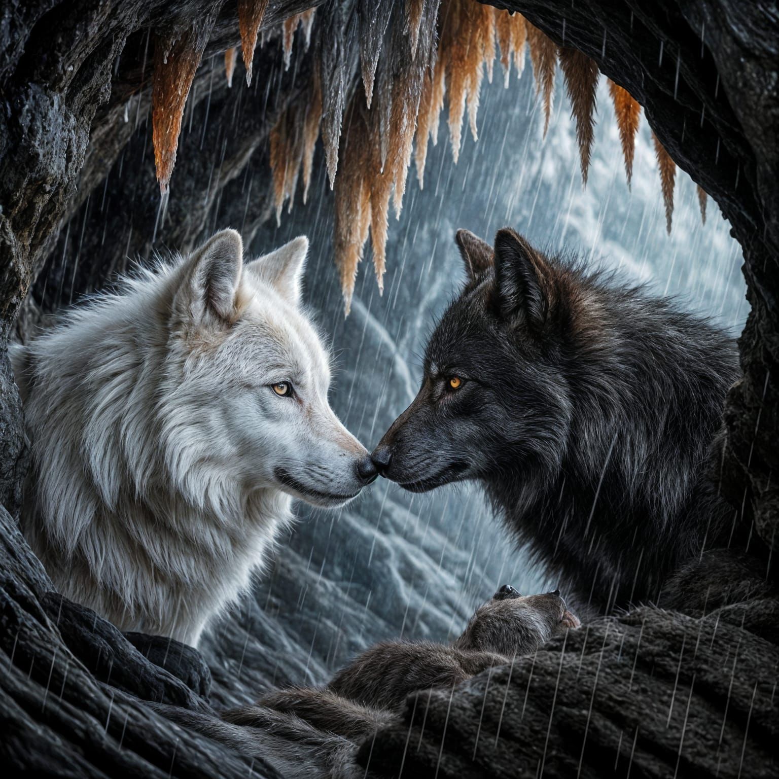 Wolf Couple Cares for Each Other in Cave