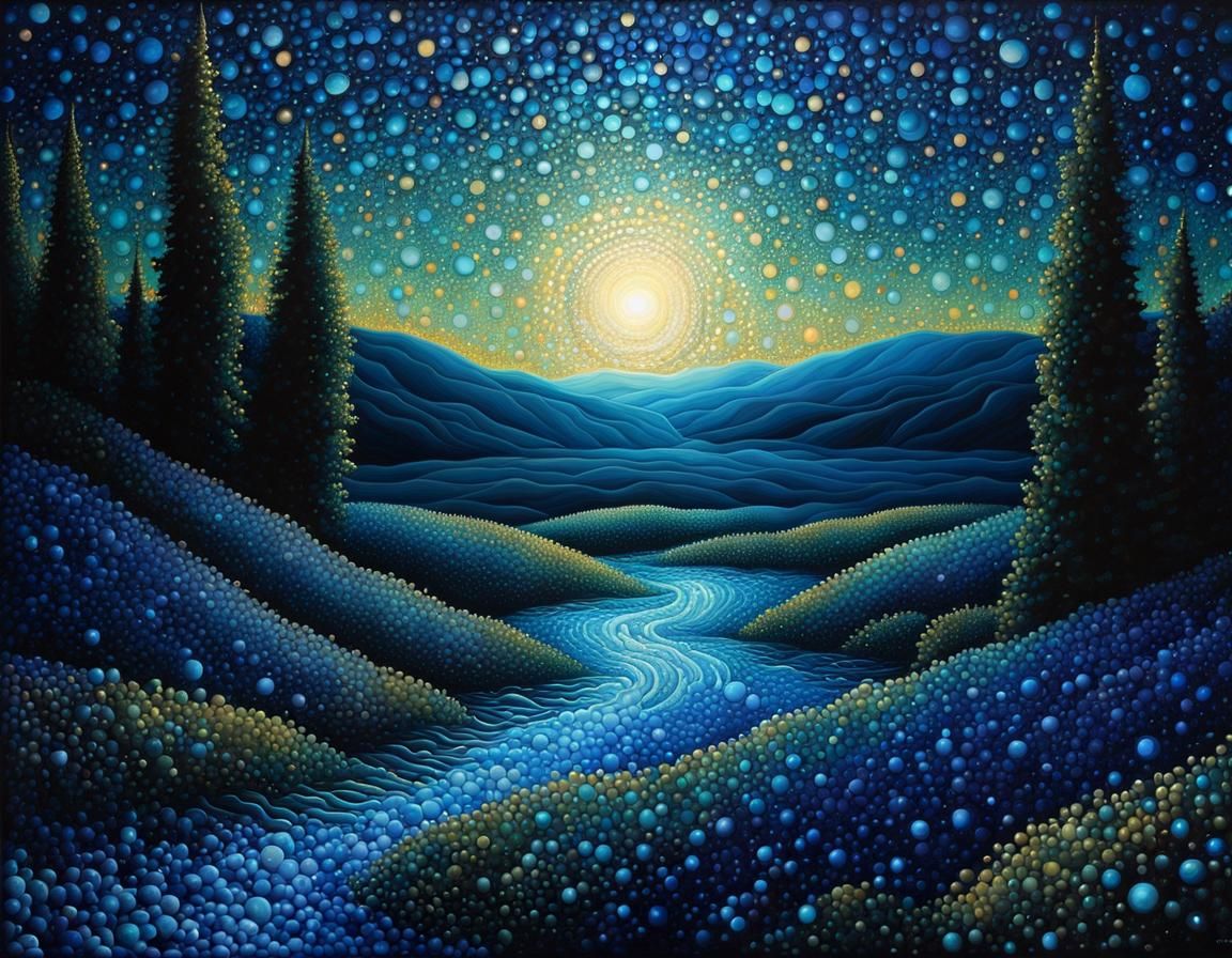 Petrol Blue Pointillist Landscape Under Starry Sky