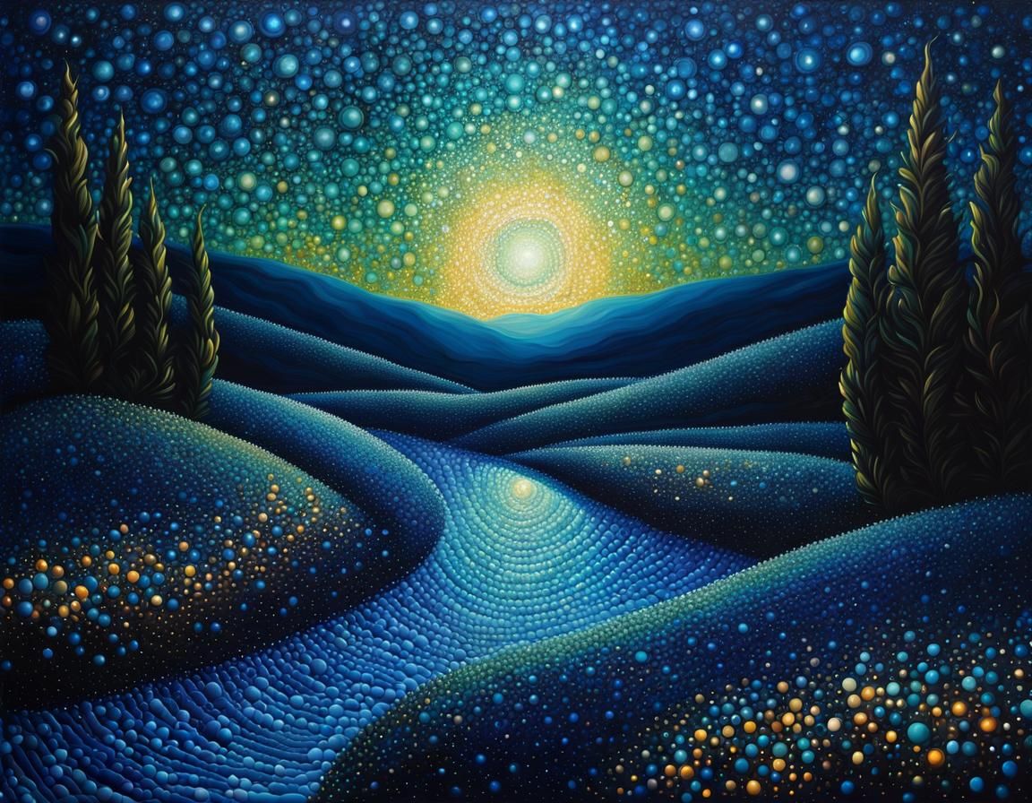 Petrol Blue Starry Night Pointillism Landscape