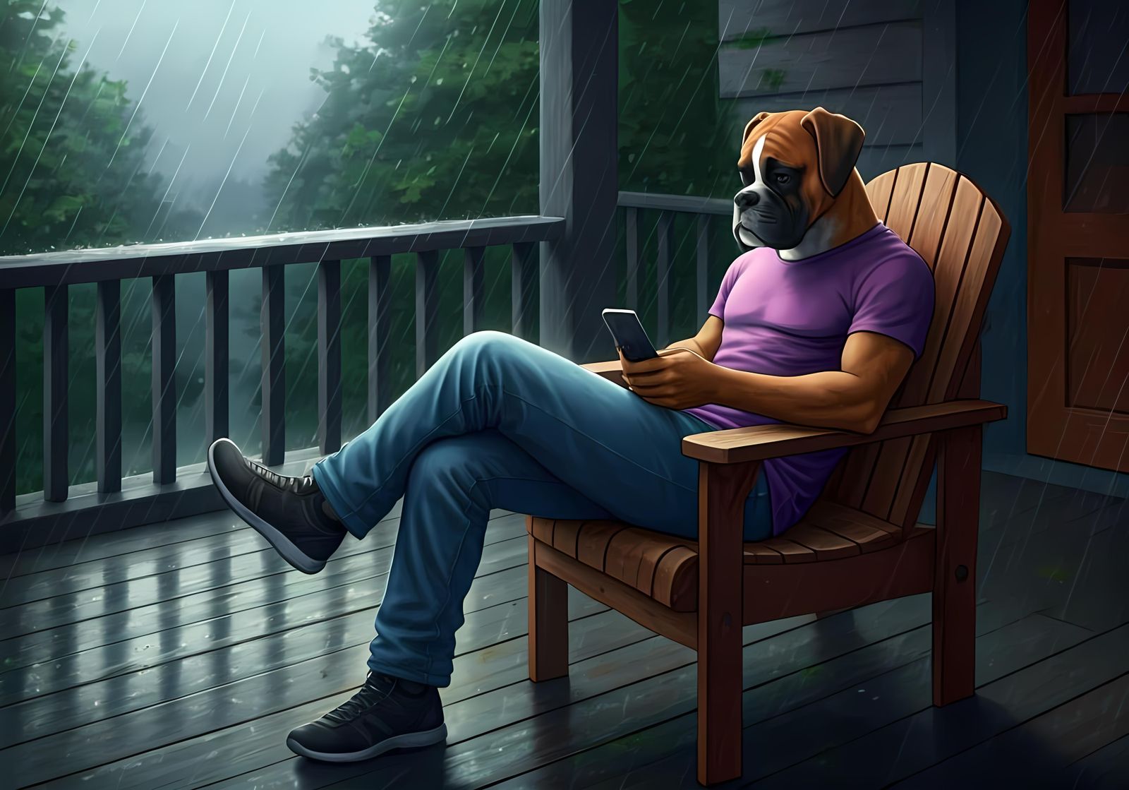 Boxer Hound Relaxing on Porch in Rainy Weather