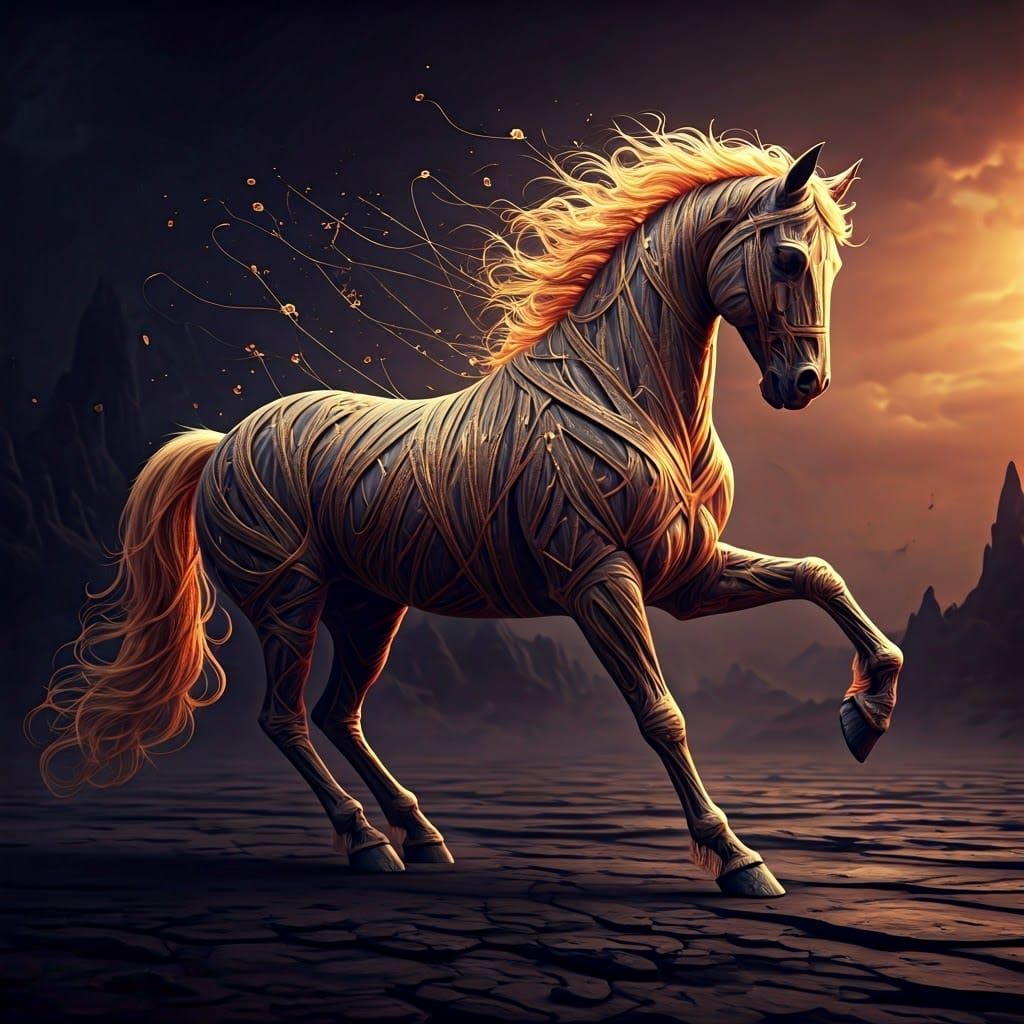 Majestic String Horse Galloping in Dark Fantasy Landscape