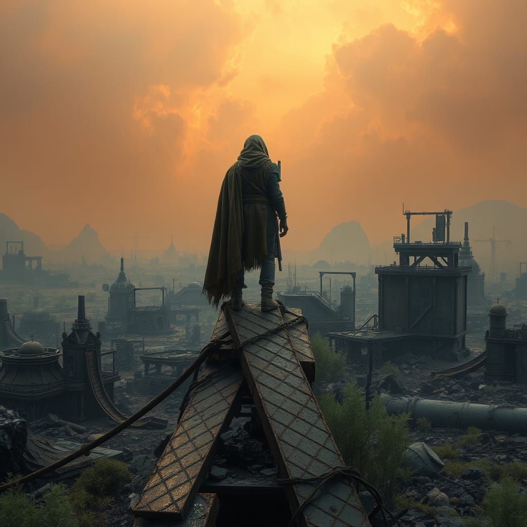 Post-Apocalyptic Figure Gazing Over Ruined City