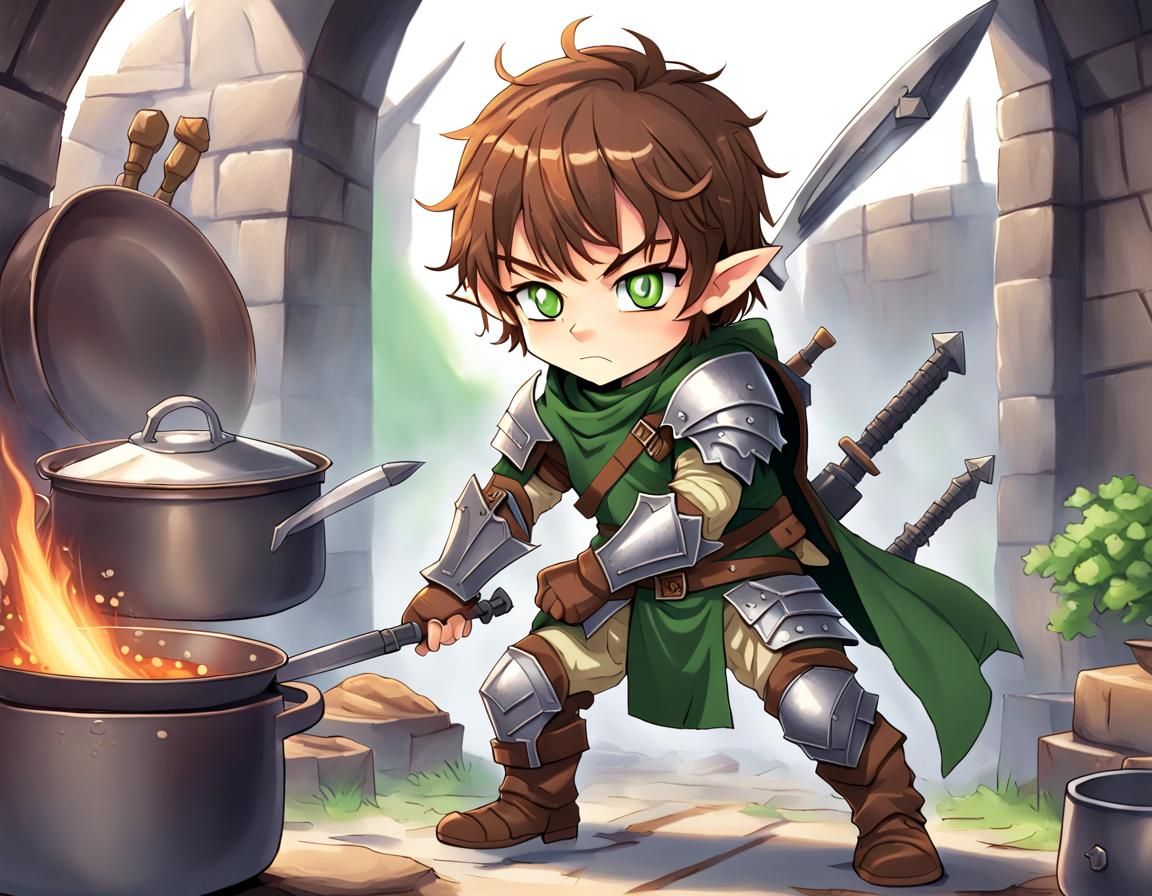 Anime Halfling Fighter with Cookware Armor
