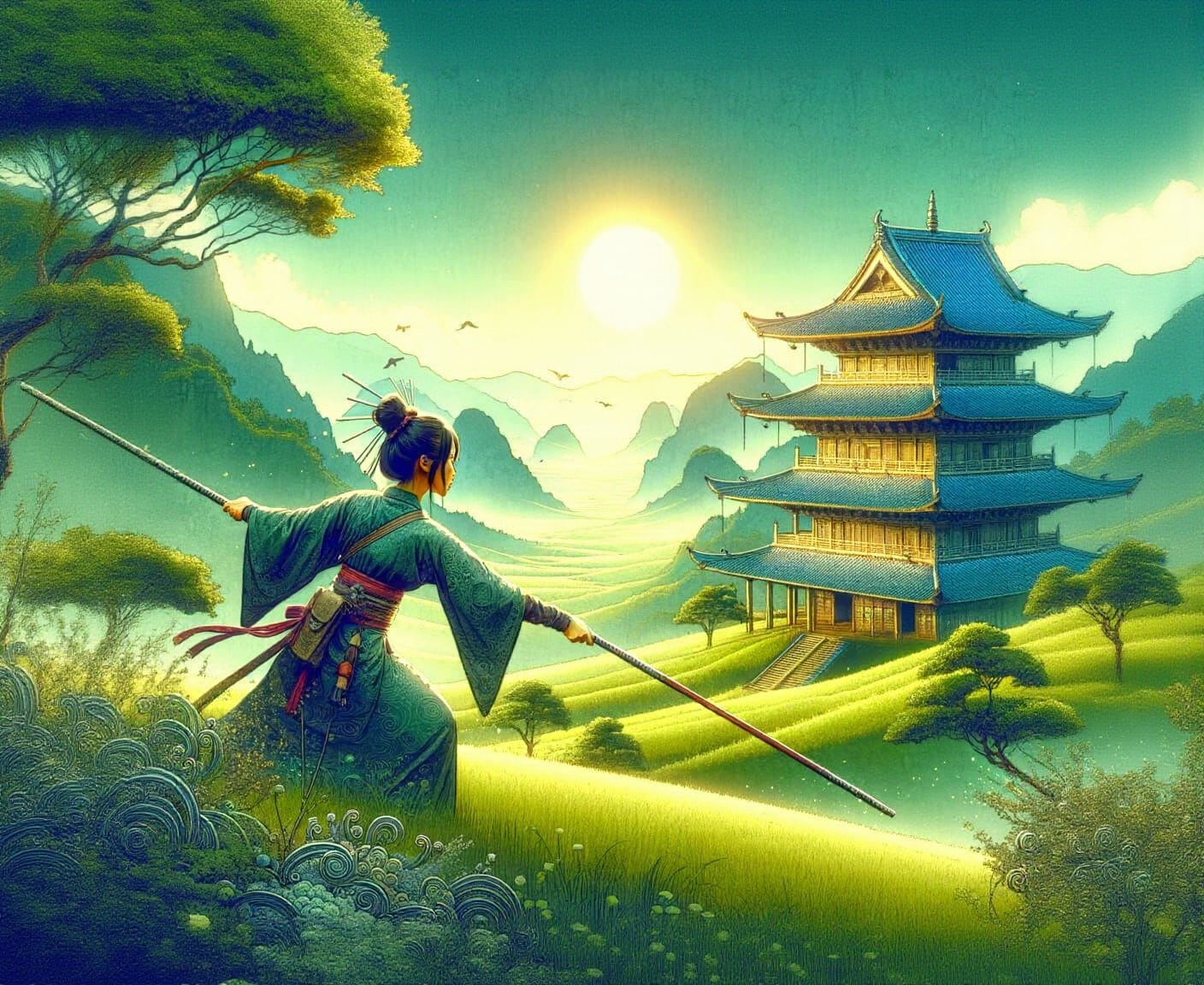 Female Warrior Practice on Verdant Hillside as Watercolor