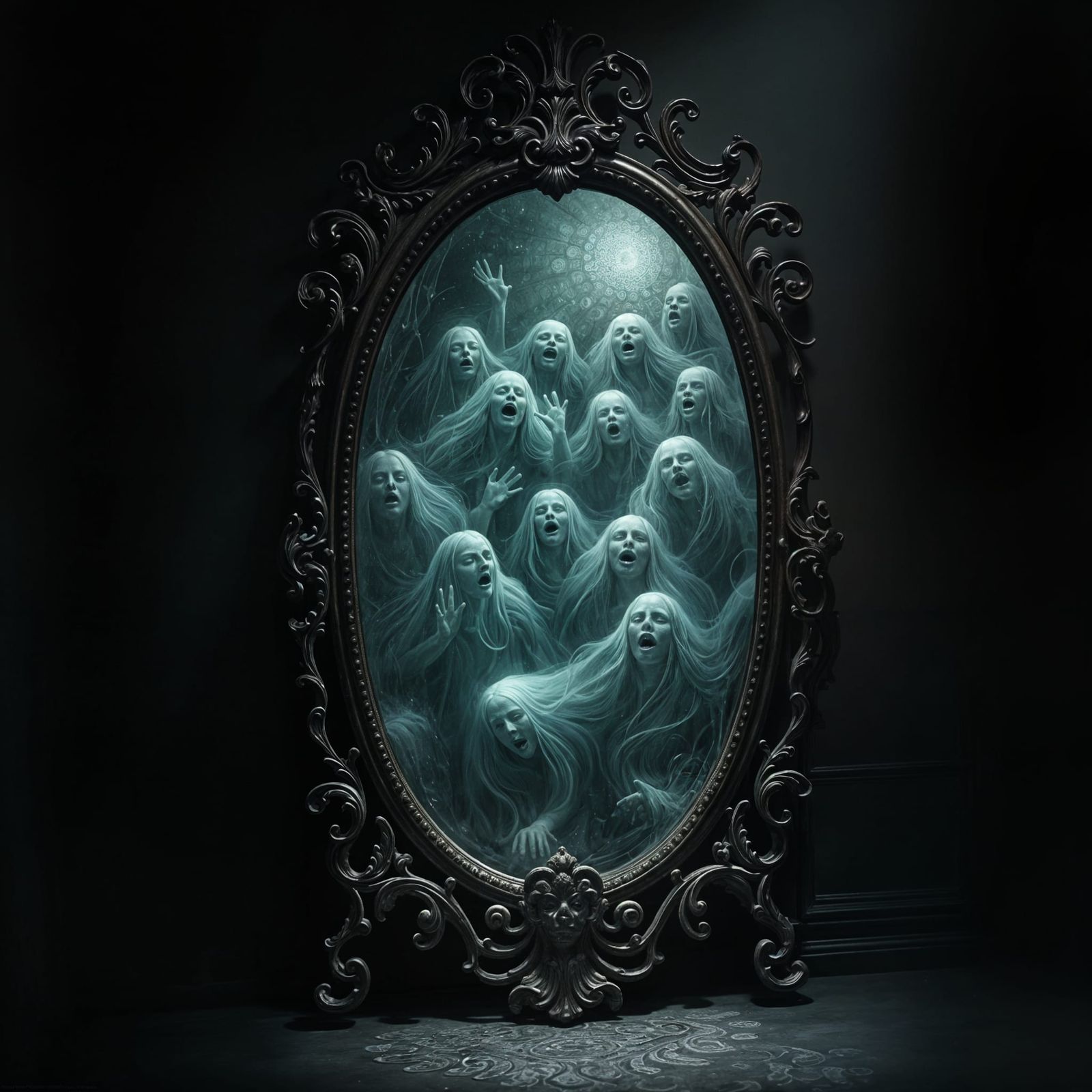 Eerie Antique Mirror Reflecting Ghostly Apparitions
