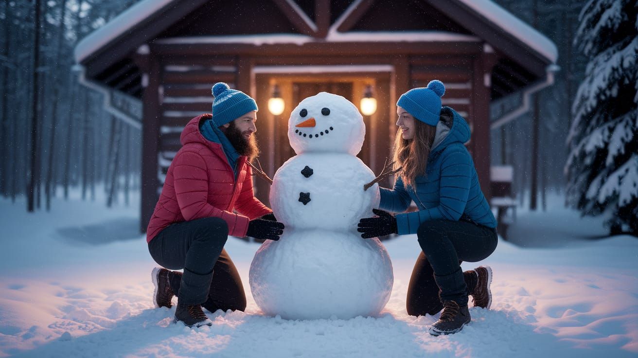 Couple Building Snowman: Hyperrealistic Winter Cabin Scene
