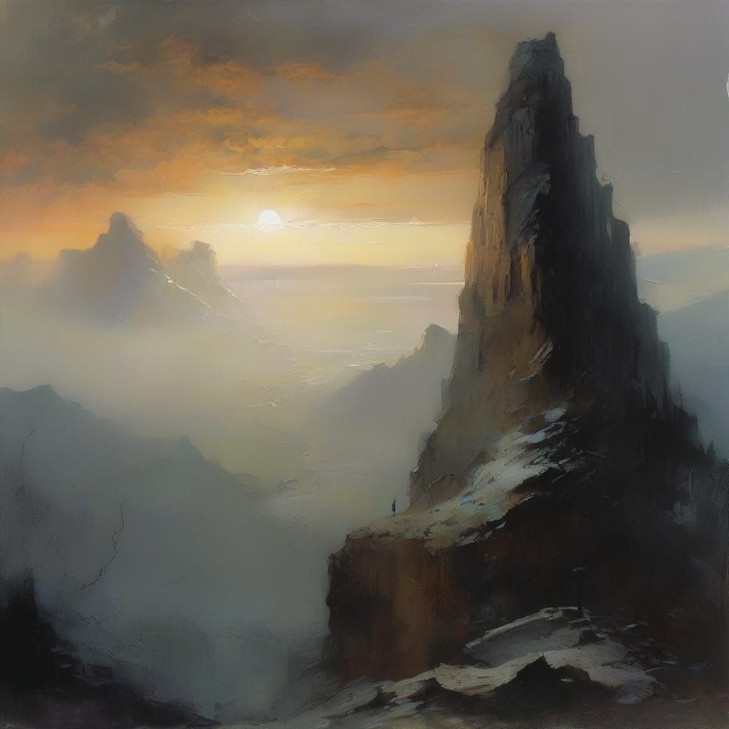 Mysterious Figure on Mist-Shrouded Mountain at Dawn