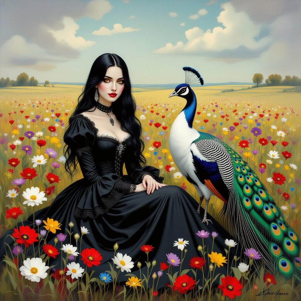 Gothic Woman in Flower Field with Peacock - Surrealism