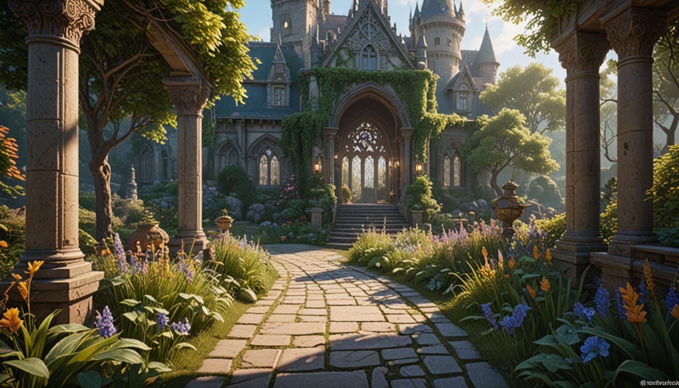 Victorian Castle Garden in Whimsical Disney Style