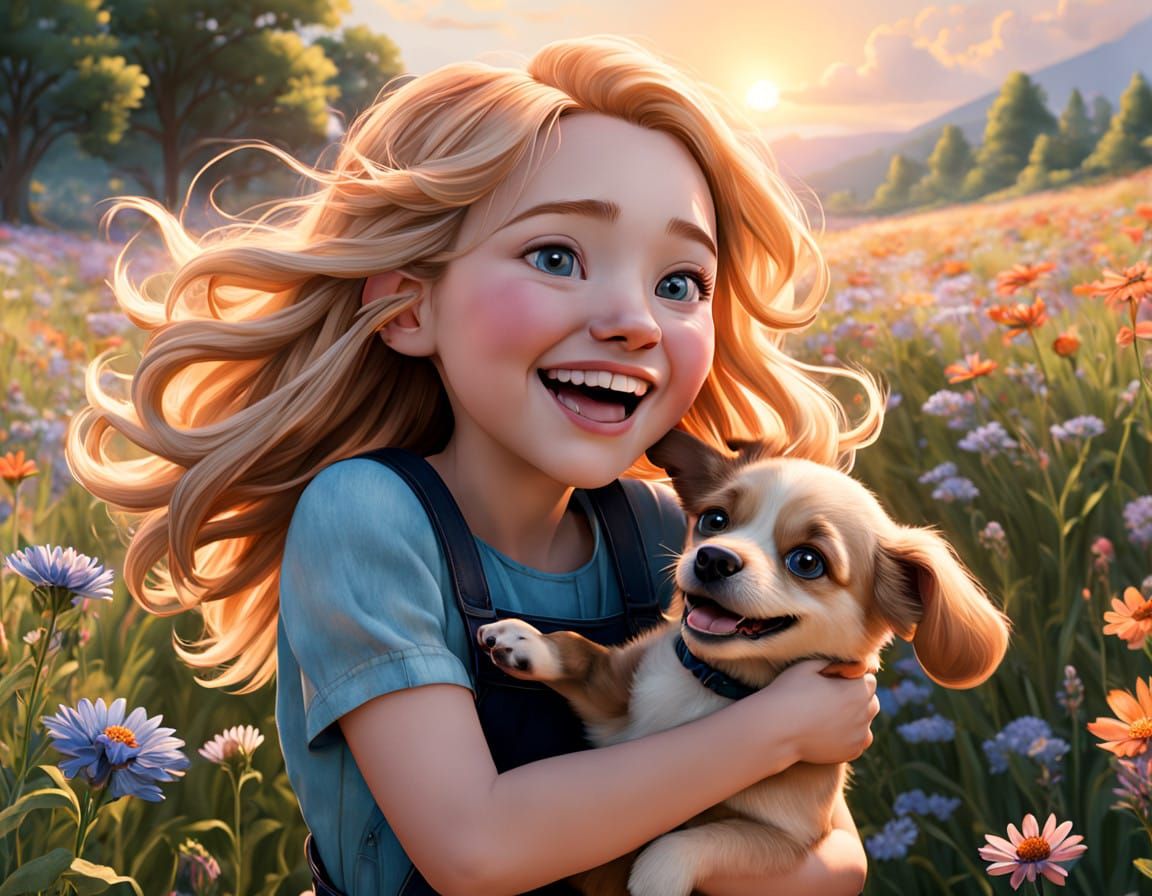 Joyful Girl with Flowers and Puppy in Vibrant Field