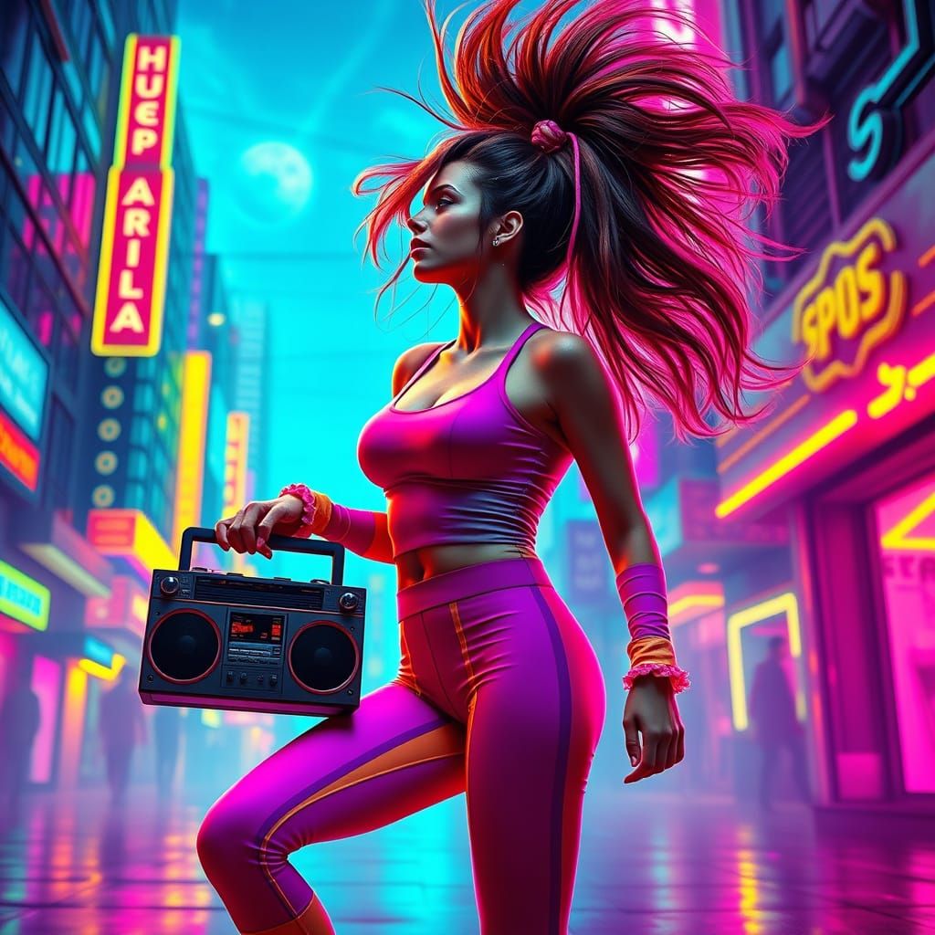 Radical 80s Fitness Icon in Neon Cityscape