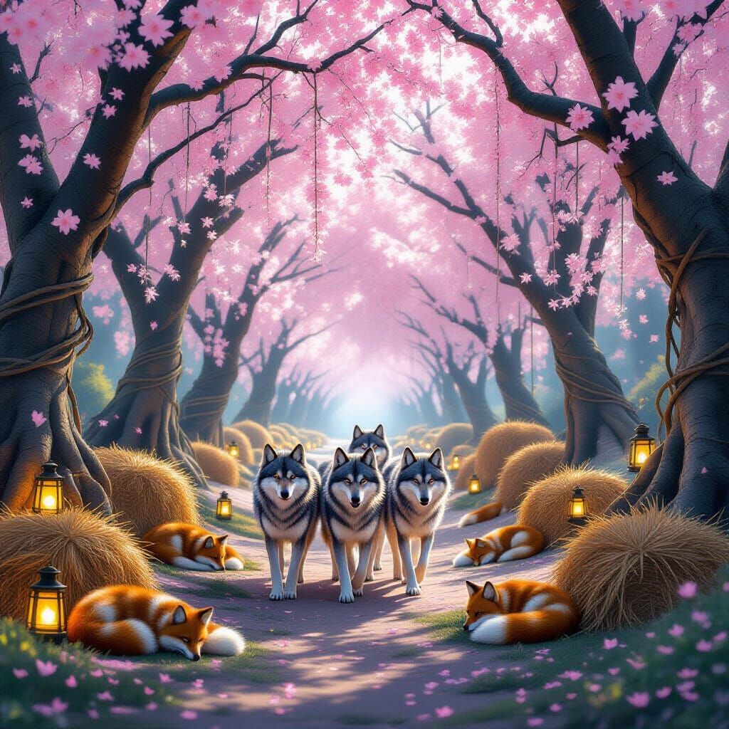 Wolves and Dogs in a Mystical Cherry Blossom Forest
