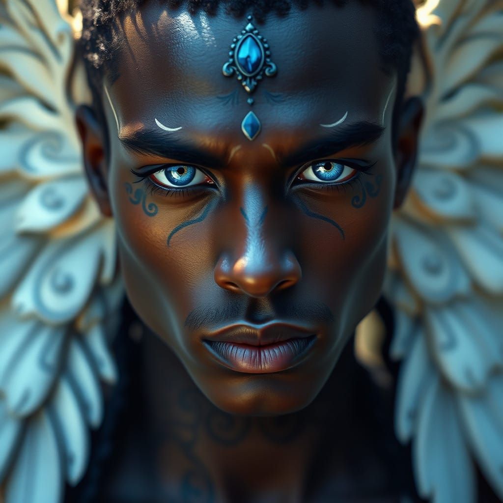 A very beautiful utopic angel man with dark skin, sapphire b...