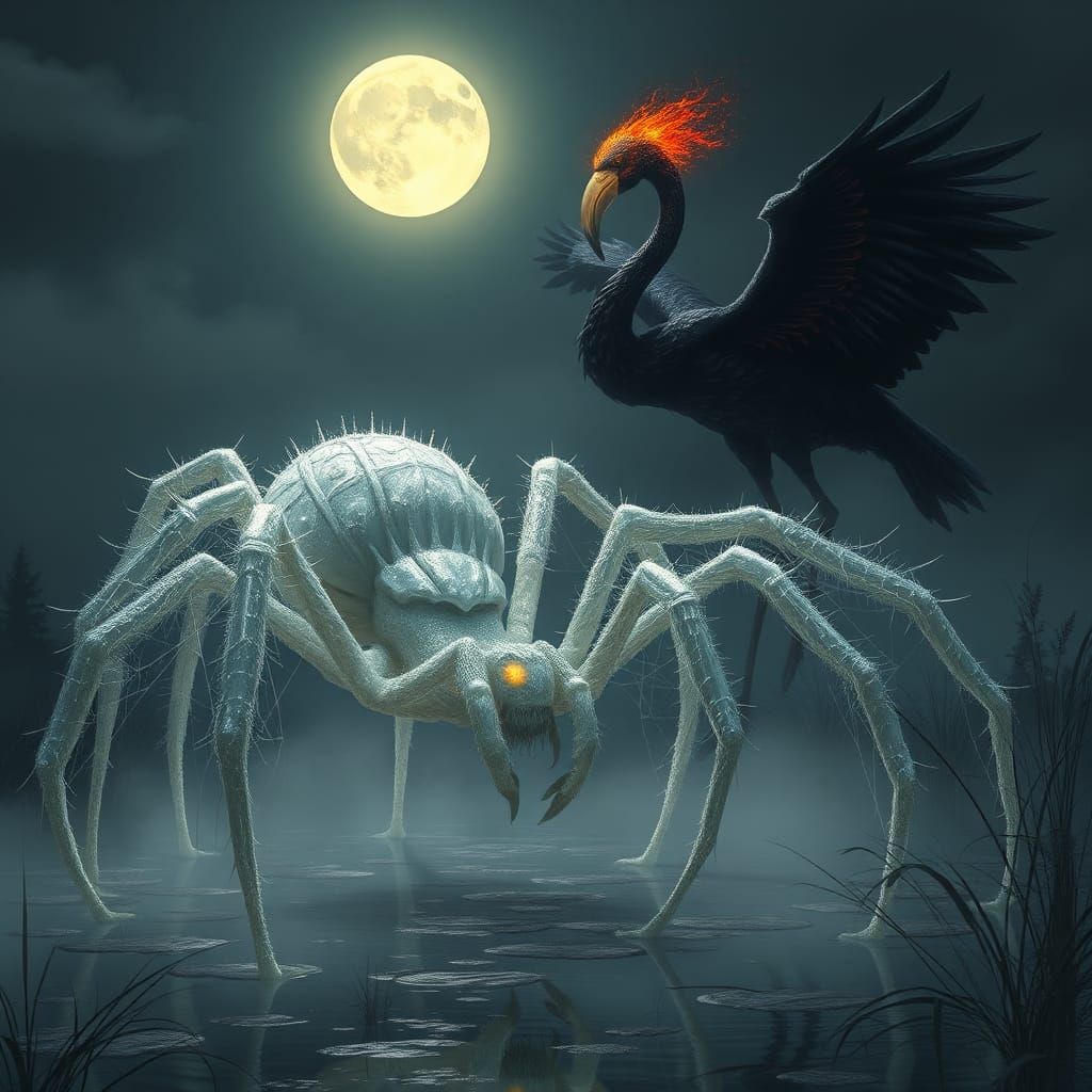 Ghostly Spider vs Flaming Flamingo in Dark Marsh