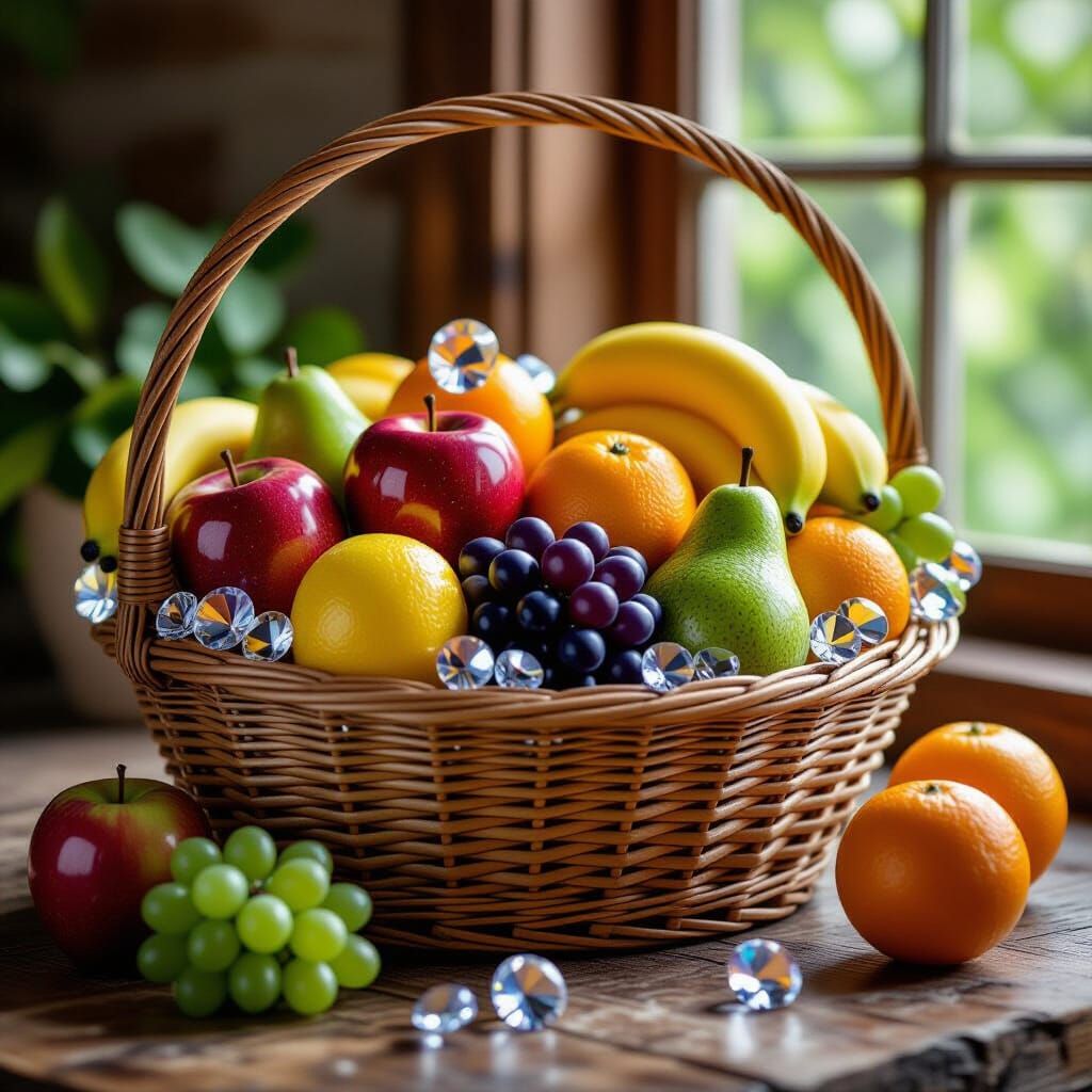 Crystal Fruit Still Life in Wicker Basket