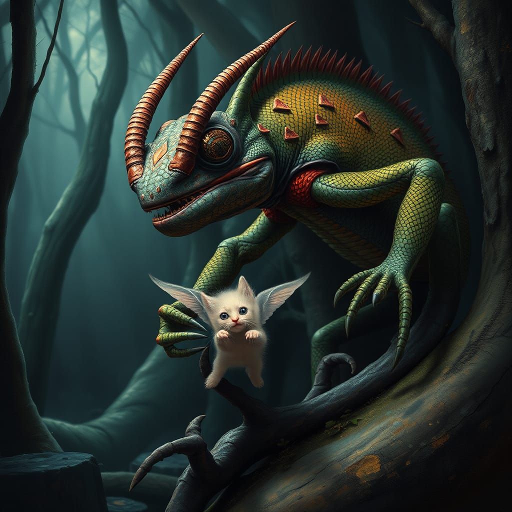 Mutant Chameleon Captures Flying Kitten in Dreamlike Forest