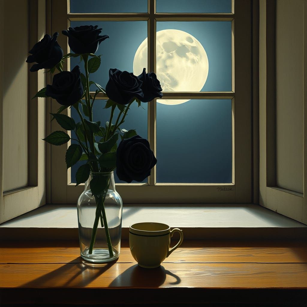 Cozy Witchy Scene: Black Roses and Full Moon