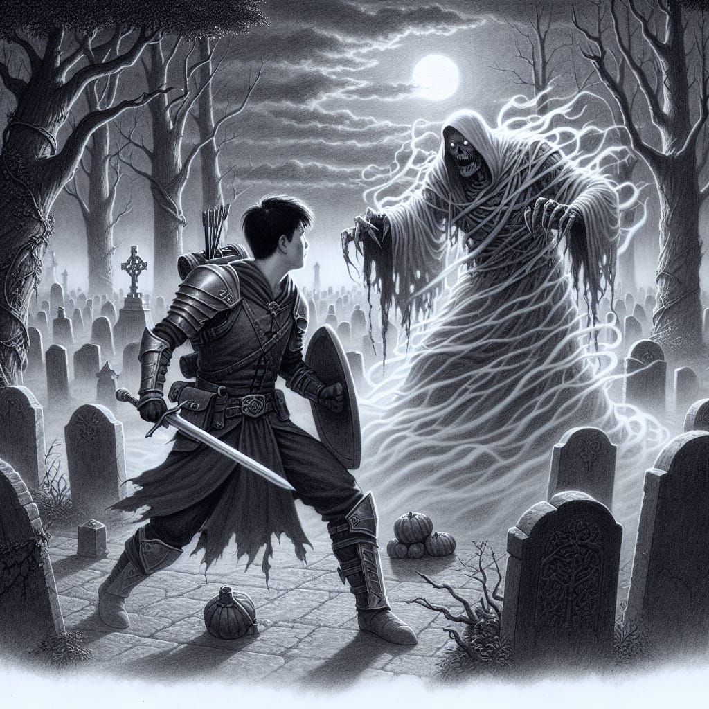 Paladin vs Wraith in Graveyard Pencil Sketch