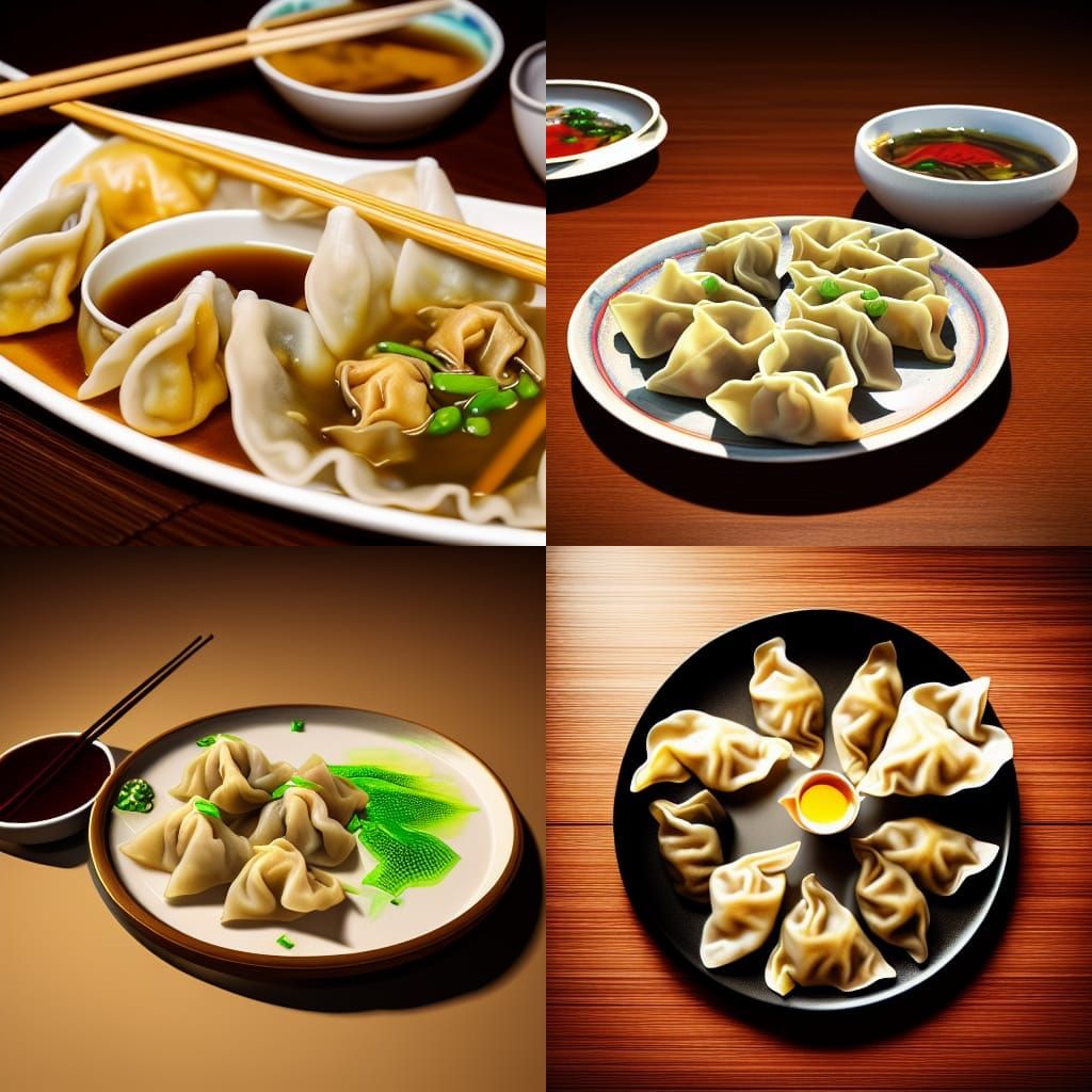 Hyperrealistic Pot Stickers and Wonton Soup Still Life