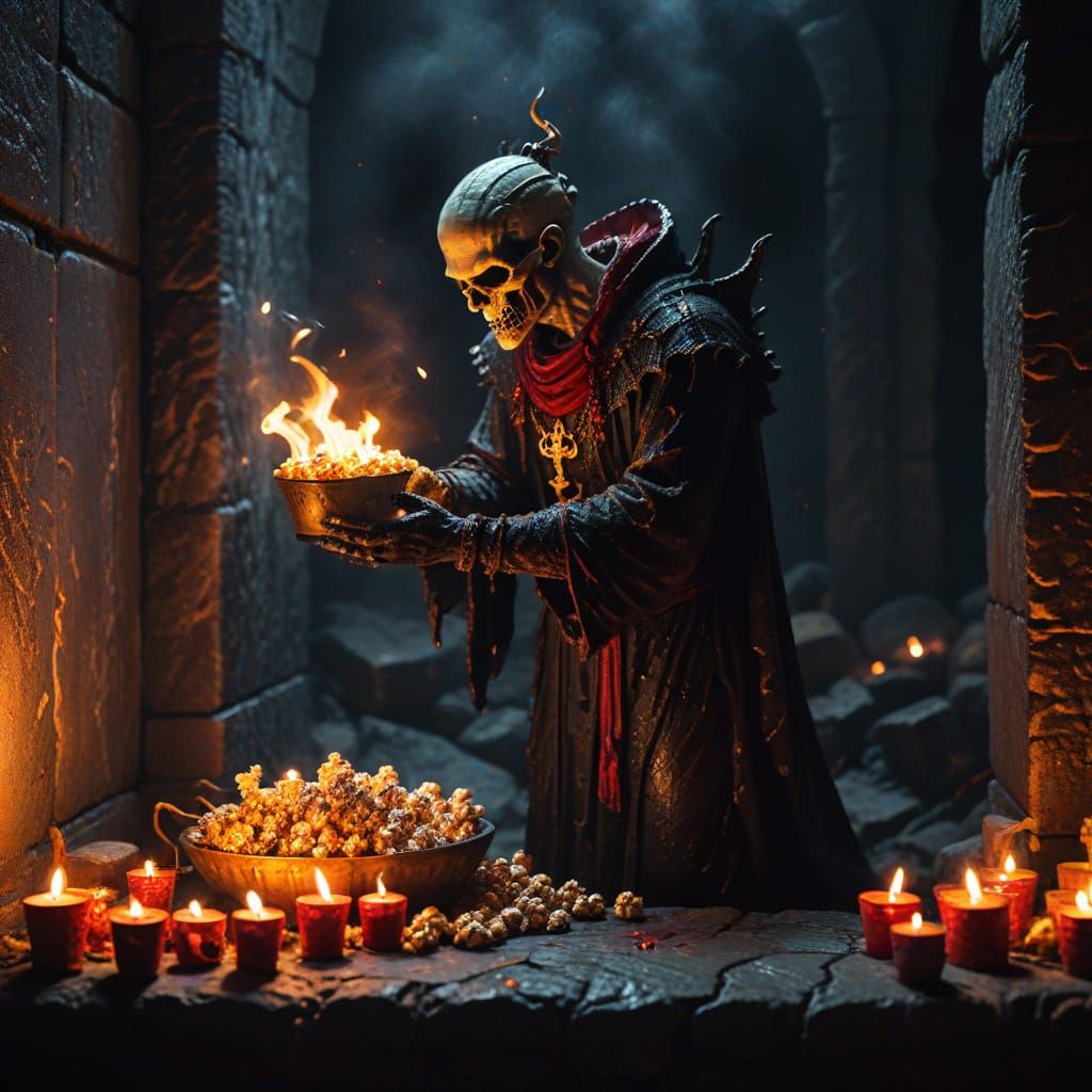 Eerie Dark Fantasy Popcorn Offering on Altar