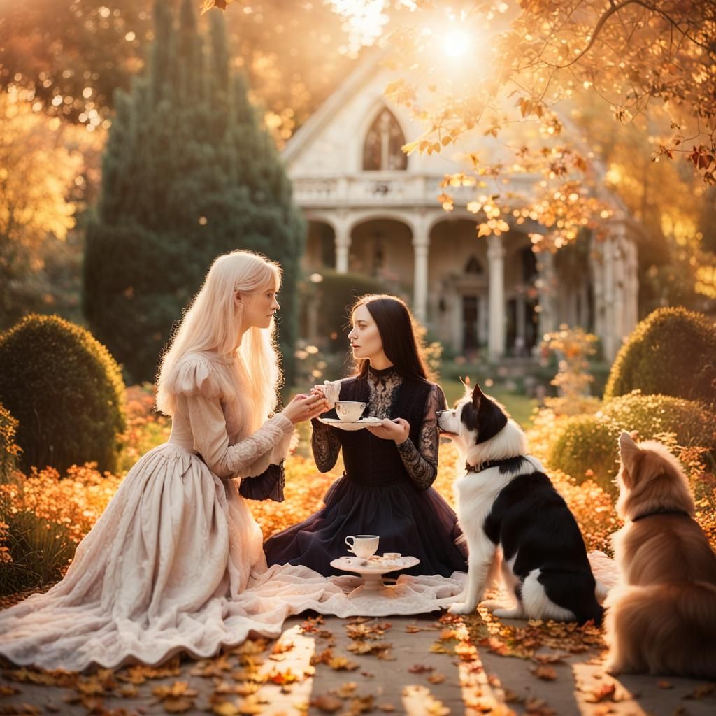 Gothic Couples Enjoying Tea in Garden
