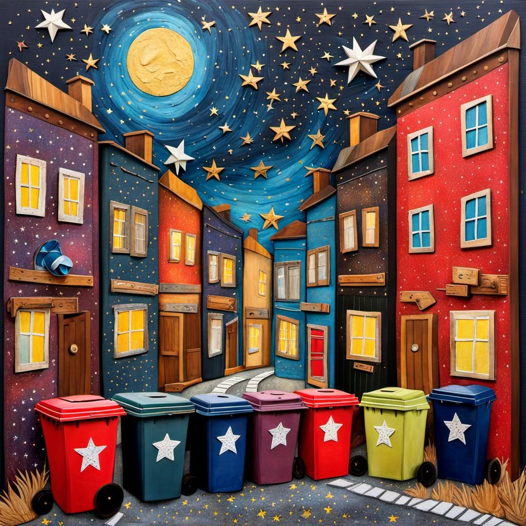 Starry Night Street Scene in Mixed Media Collage