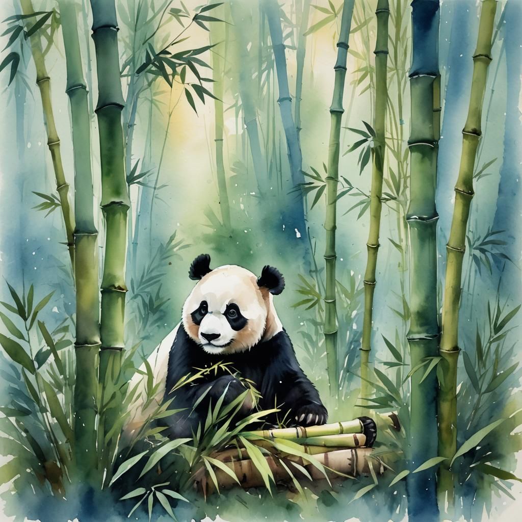 Panda Eats Bamboo in Misty Watercolor Forest