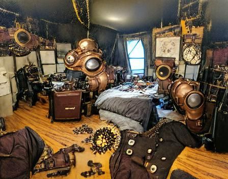 Cluttered Steampunk Laboratory with Victorian Gadgets