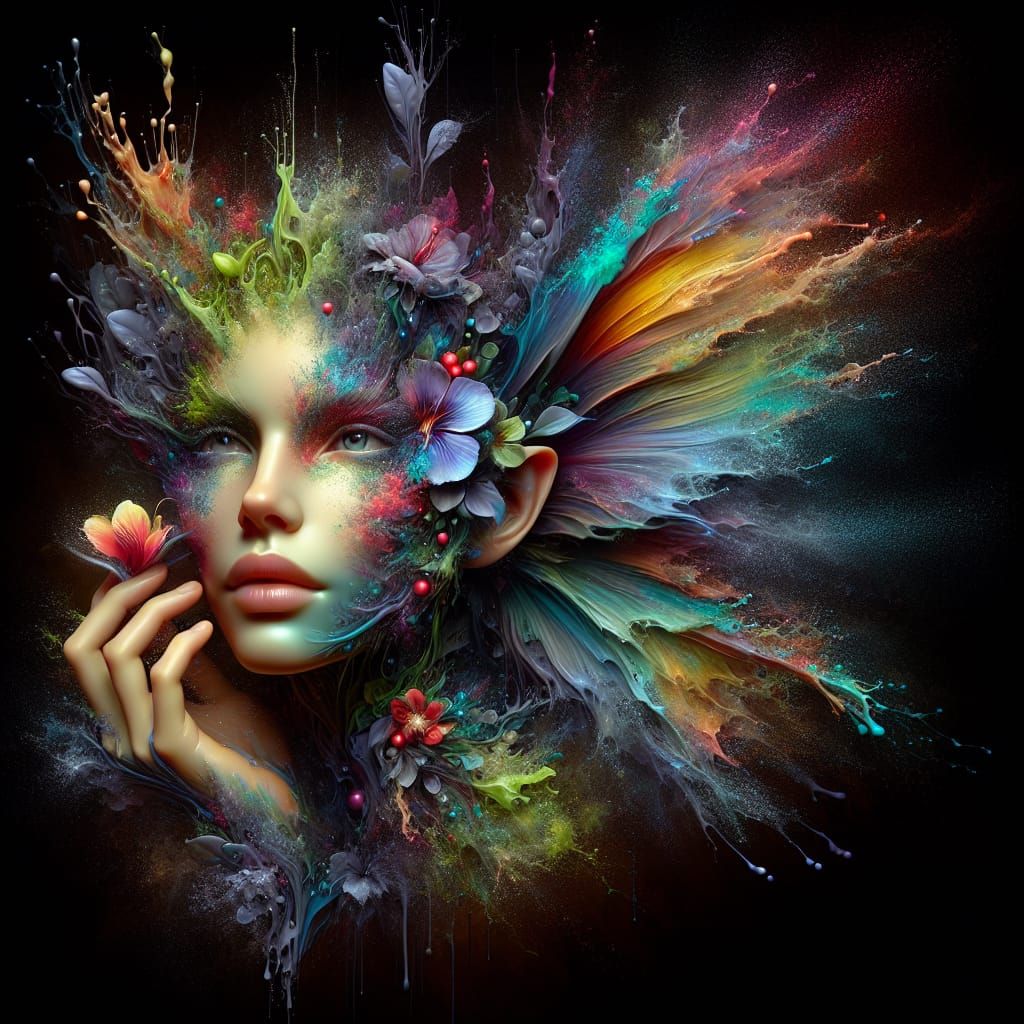 Hyperrealistic Fairy with Iridescent Colors and Floral Essen...