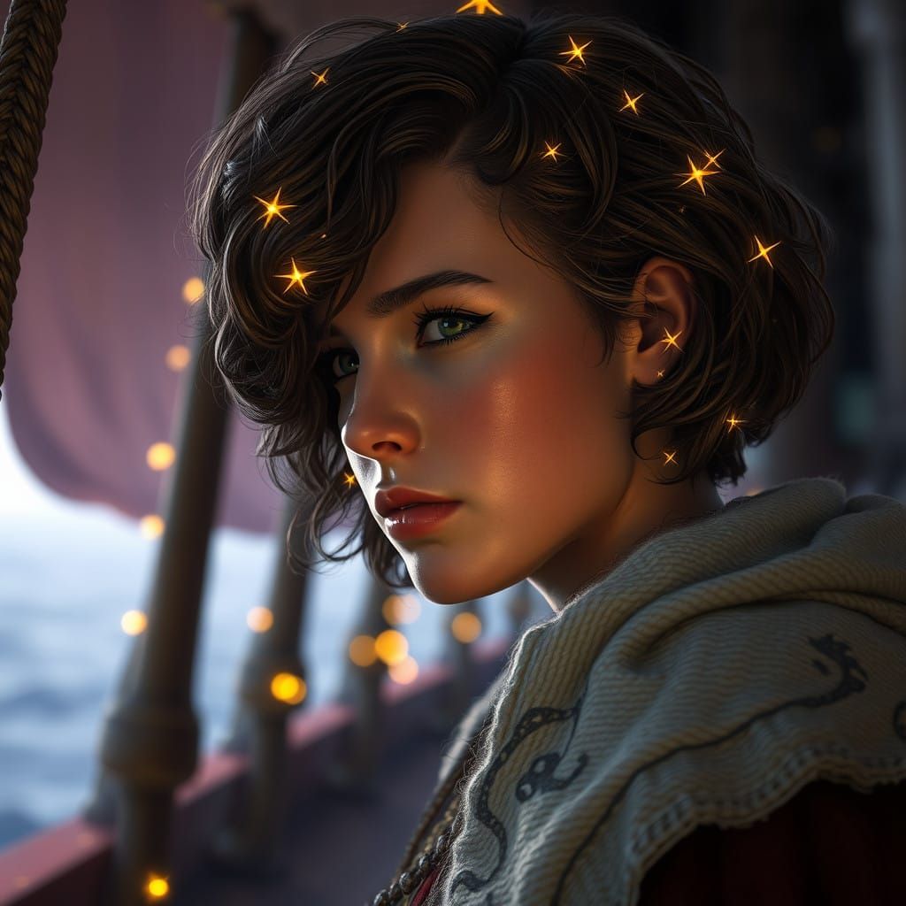 Viking Girl Adorns Her Hair with Starlight in a Ship's Haul
