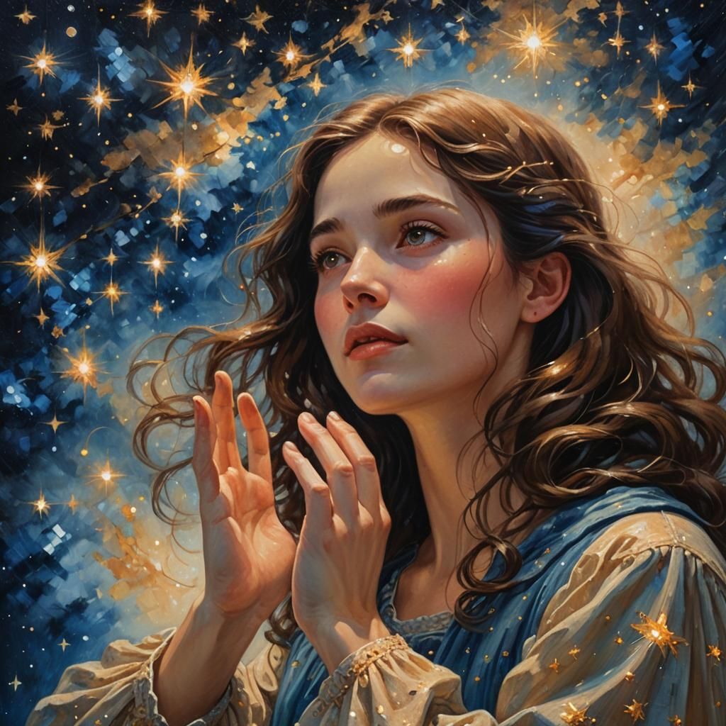 Girl Touches Starry Night Sky: Dreamlike Oil Painting