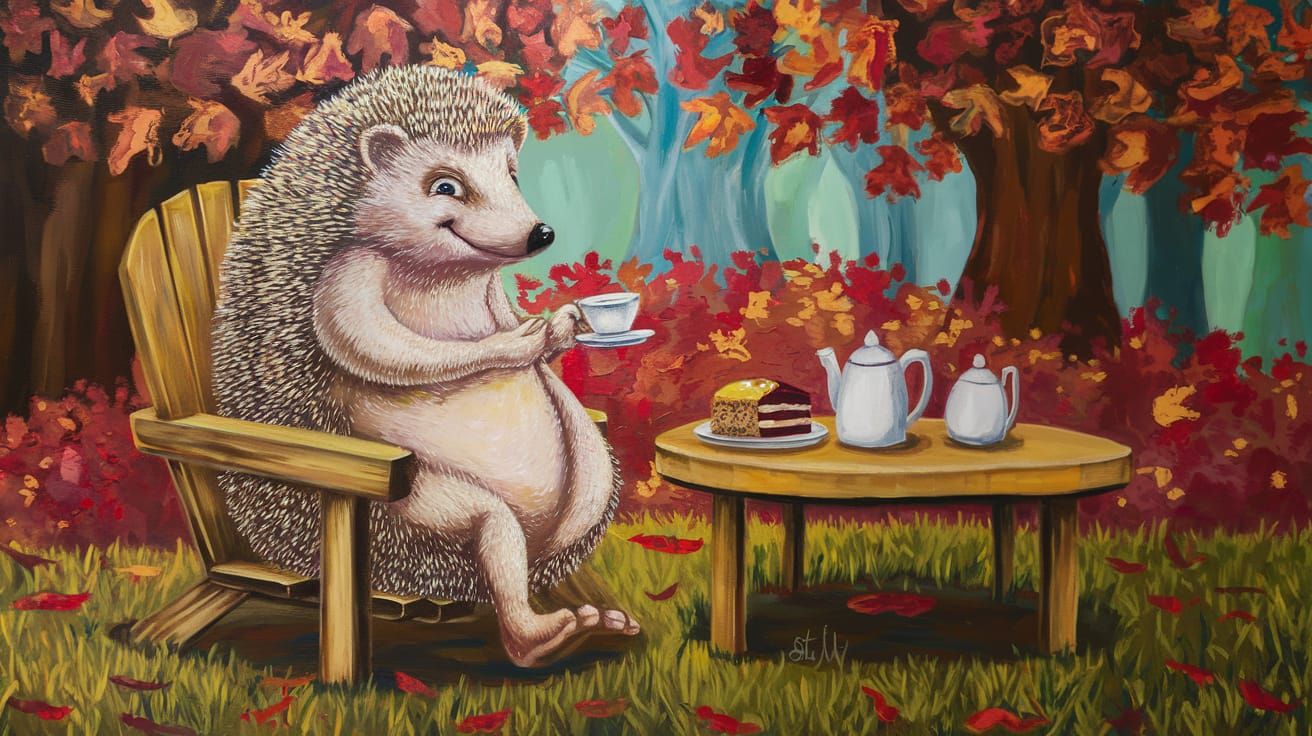 Hedgehog Person's Autumn Tea Party, Acrylic on Canvas