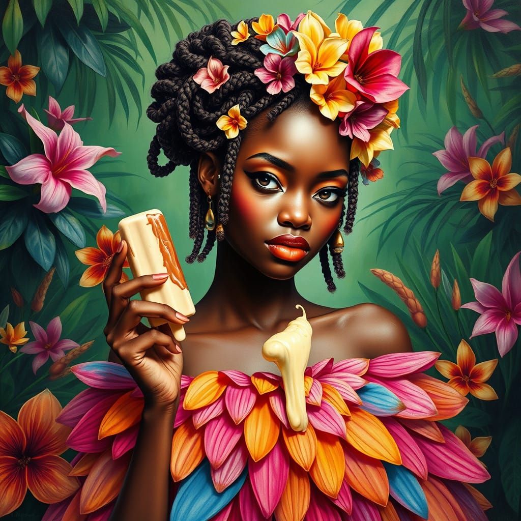 Vibrant Goddess of African Blooms in a Hyperrealistic Gouach...
