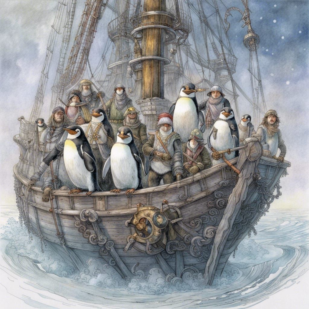 Penguin Pirates on Ice Ship, Fantastical Art