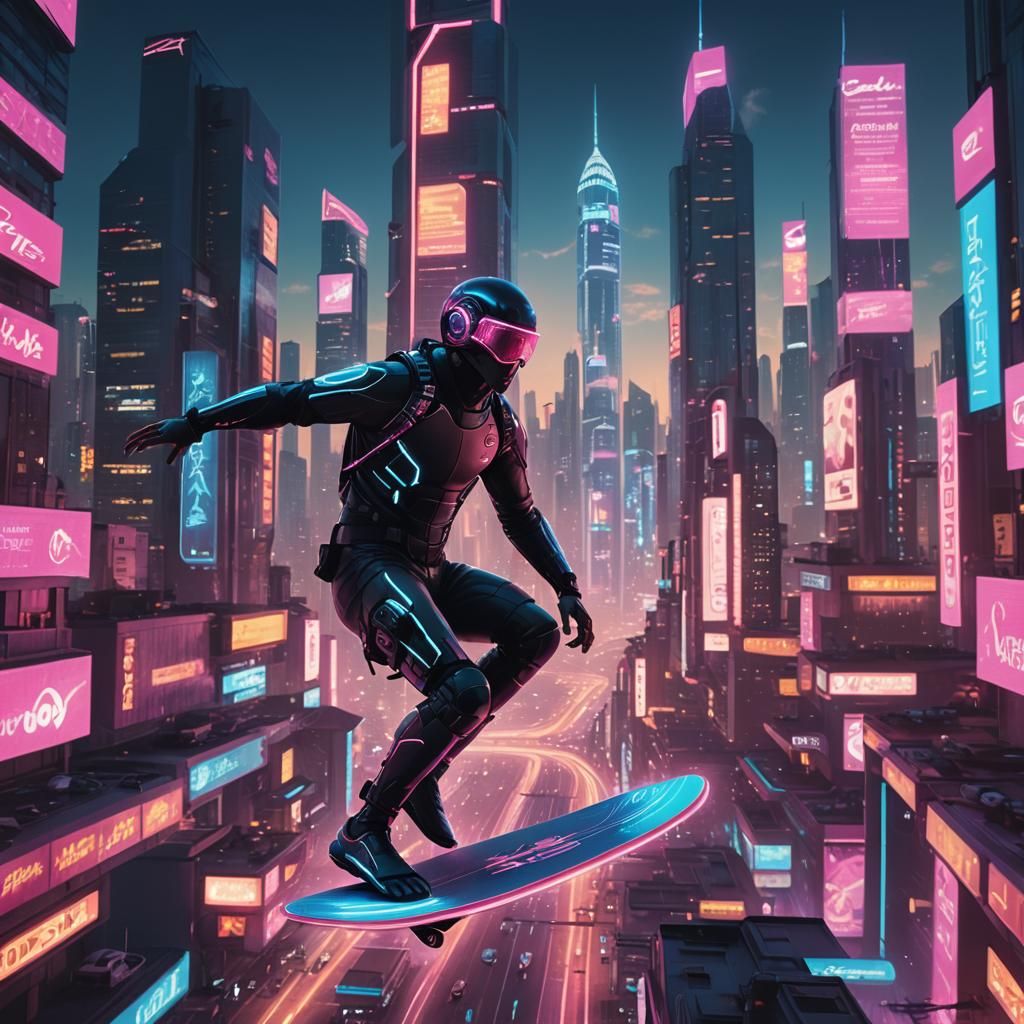 Dream Surfer Soaring Above Neon Cyberpunk City