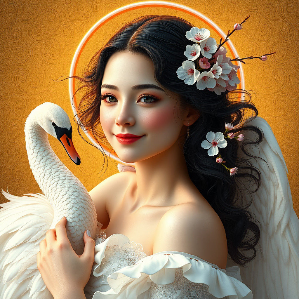 Angelic Woman with Swan in Art Nouveau Style