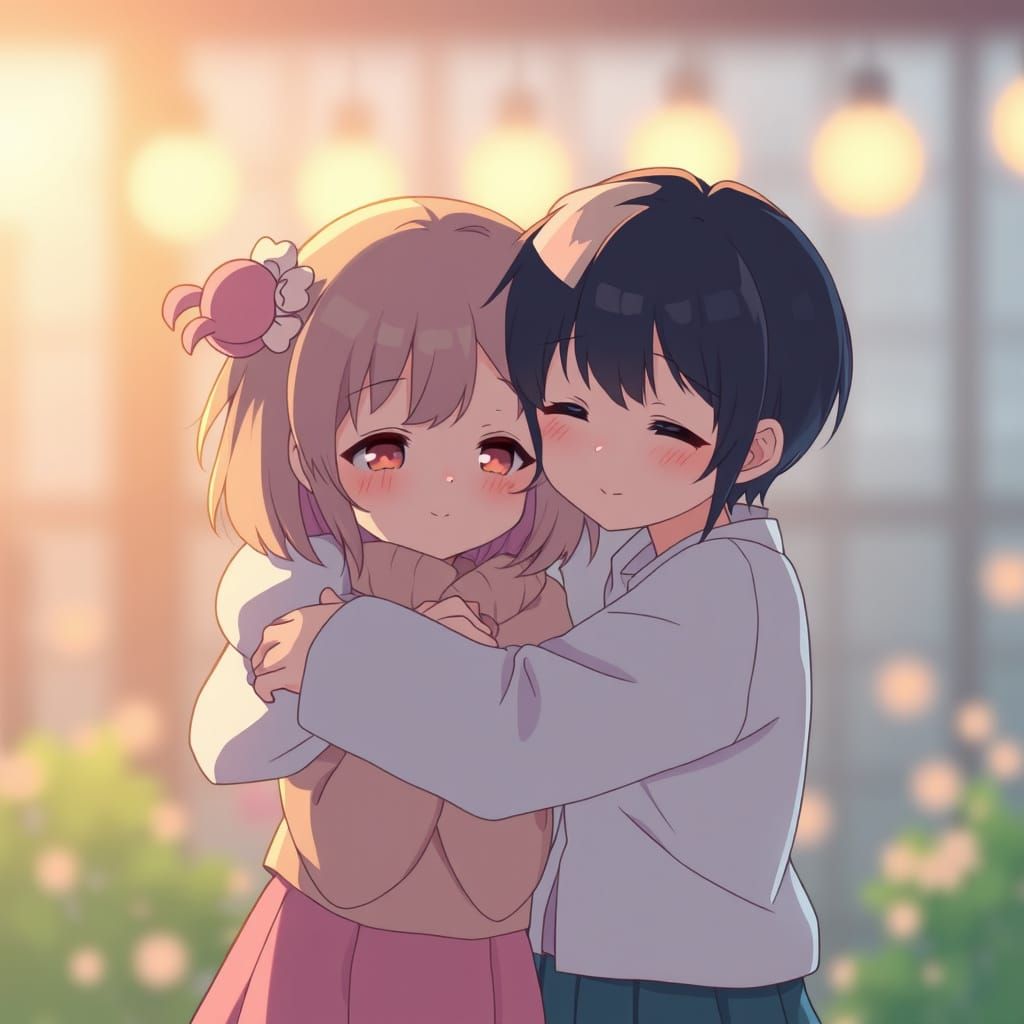 Anime Character Self-Embrace in Pastel Colors