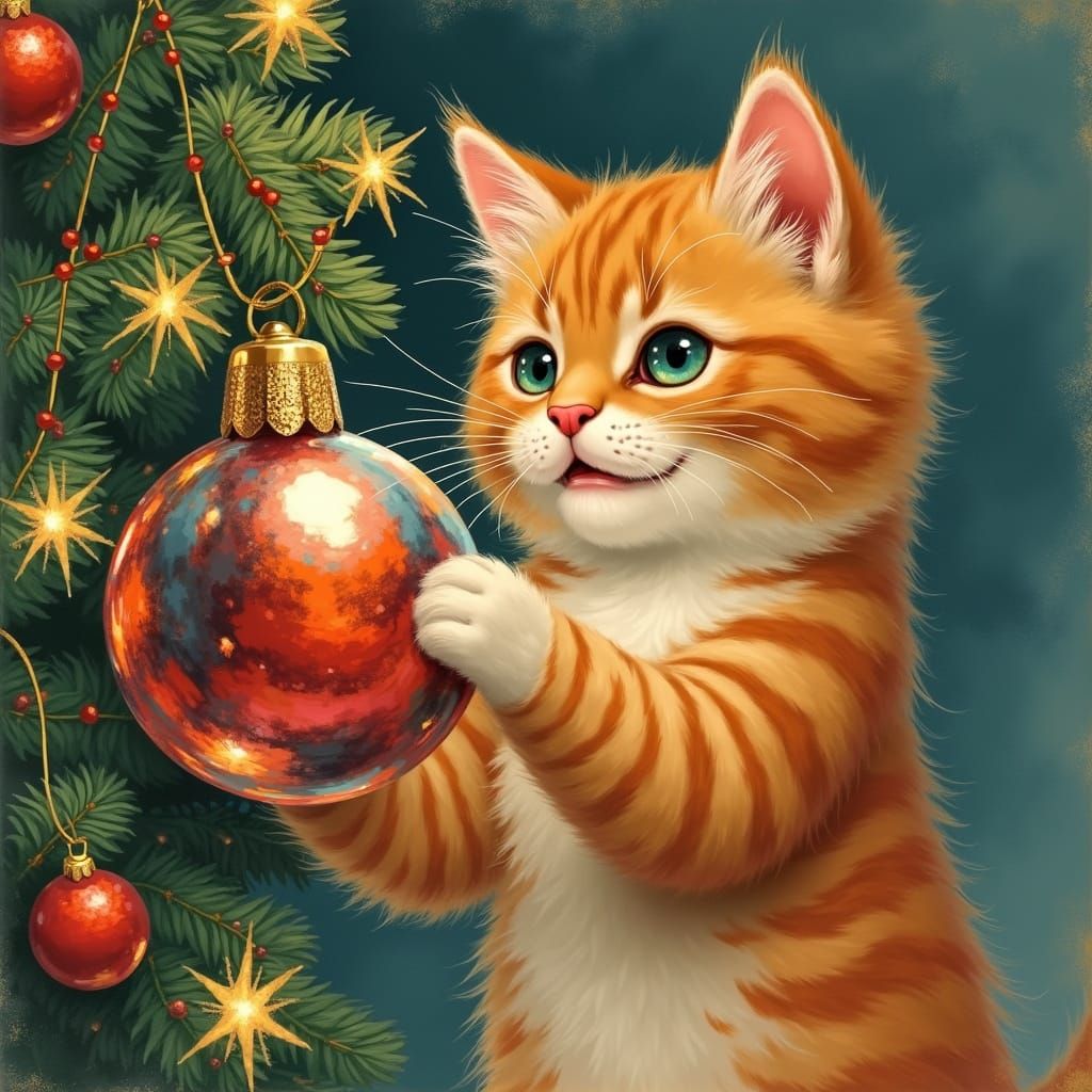 Whimsical Ginger Cat Christmas Card Illustration