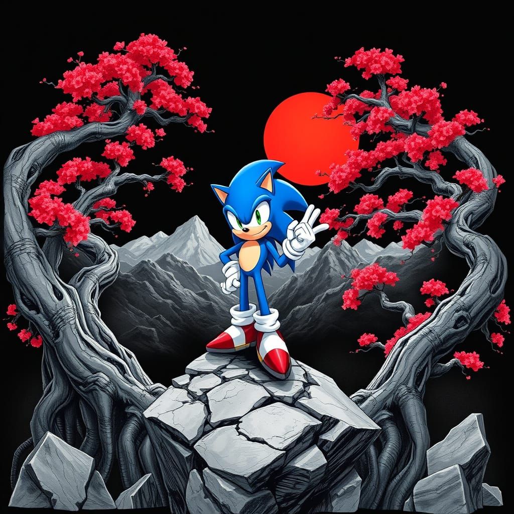 Surreal Sonic Figure Surrounded by Cherry Blossoms in a Cybe...