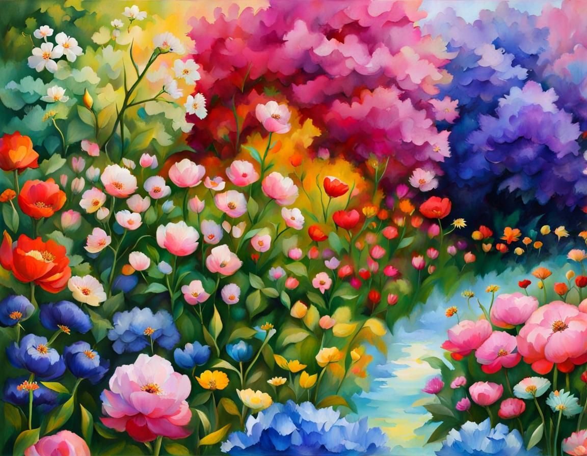 Rainbow Flower Garden in Gouache-Painted 3D