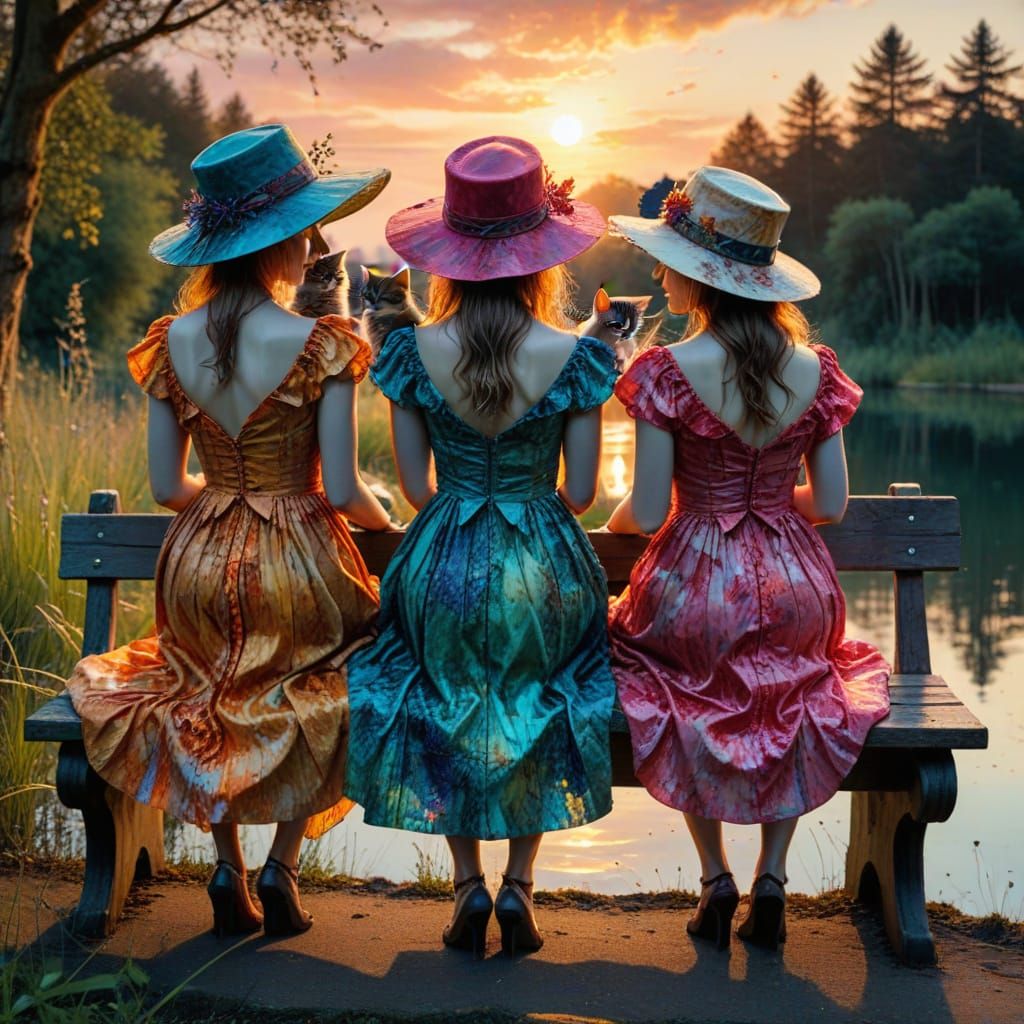 Vibrant Ladies and Kittens in a Surreal Sunset Scene